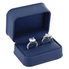 [65-143BL] PLUSH BLUE LEATHERETTE DOUBLE RING BOX
